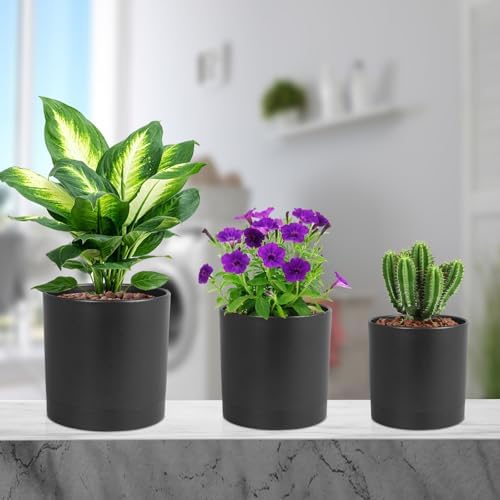 Meowell 7/6.5/6/5/4 inch Plant Pots for Small Indoor Outdoor Plants, 5 Pack Cylinder Flower Pots with Drainage Holes and Saucers, Plastic Planters for Garden Succulent House Plants, Black - Image 7