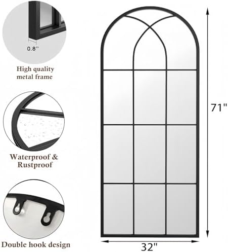 Dewfig Arched Full Length Mirror, 71"x 32" Windowpane Floor Mirror, Black - Image 7