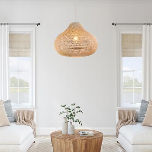 Large Rattan Pendant Light, 19.7" Rattan Boho Wicker Chandelier Hand-Woven Basket Pendant Light Fixtures for Dining Room Kitchen Island Living Room - Image 7