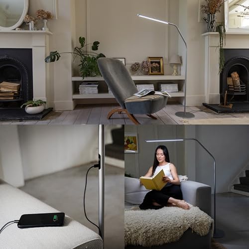 daylight Slimline 4 LED Floor Lamp - 6,000K, 3,200 Lux, 4 Brightness Levels, USB-C Port for Fast Charging - Sleek Design, Anti-Glare Shade, Flexible Height Adjustment - Ice Grey - Image 6