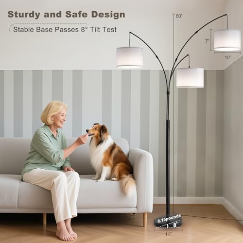 Floor lamp with Remote, 3 Light Arc Floor Lamps for Living Room, 2400LM Tall Standing Floor Lamps with White Shades, 80" Large Floor Lamp for Bedroom, Office - Image 7