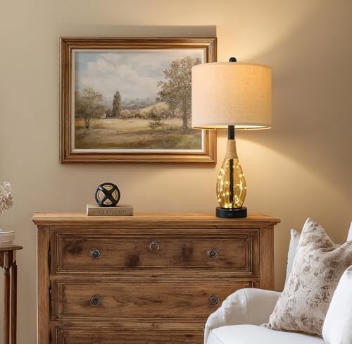 OYEARS 23" Table Lamps for Living Room Set of 2 Bedside Lamps for Night Stands Bedroom Lamps Farmhouse Rattan Boho Lamp Glass Nightlight End Table Lamp,Two Light Points - Image 7