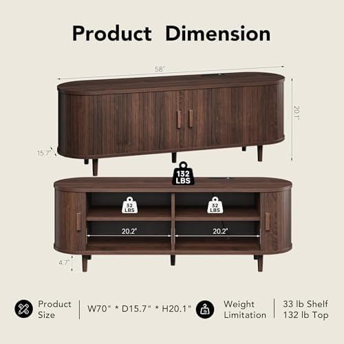 MXV 58" TV Stand with Sliding Doors for Living Room, Mid Century Modern Entertainment Center, TV Console with Fluted Door Cabinets and Power Outlet, Walnut - Image 7