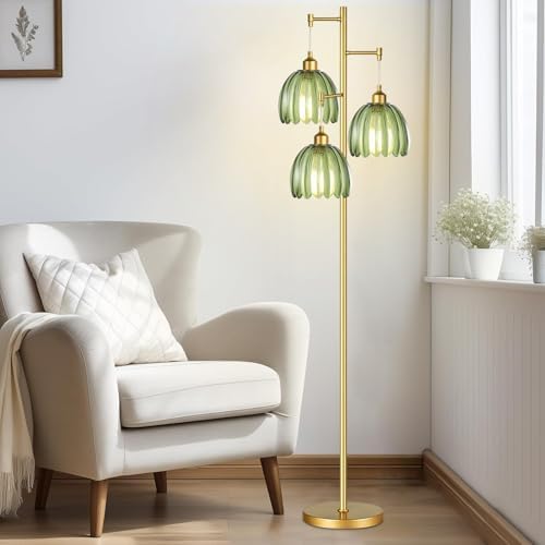QIYIZM Gold Floor Lamp for Living Room,Bedroom,Mid Century Modern Standing Lamp Brass Tree 3 Light Tall Floor Lamps Vintage Retro Floor Lights Glass Green Flower Lamp Shade Farmhouse Boho Bohemian - Image 7