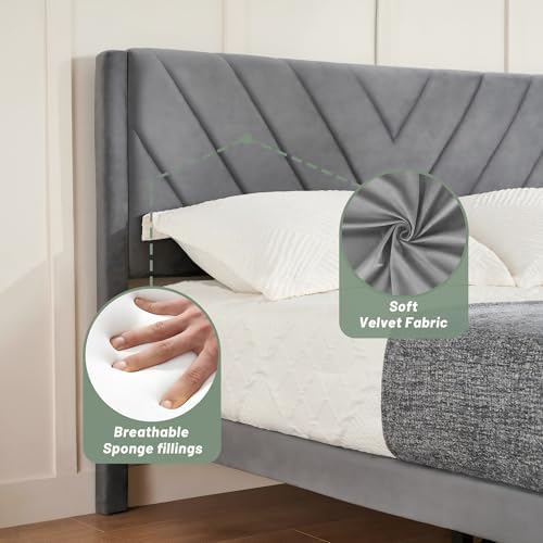 Queen Size Platform Bed Frame with Velvet Headboard, Wing Edge, Sturdy Wooden Slats, Noise-Free, No Box Spring Needed, Easy Assembly, Grey - Image 6
