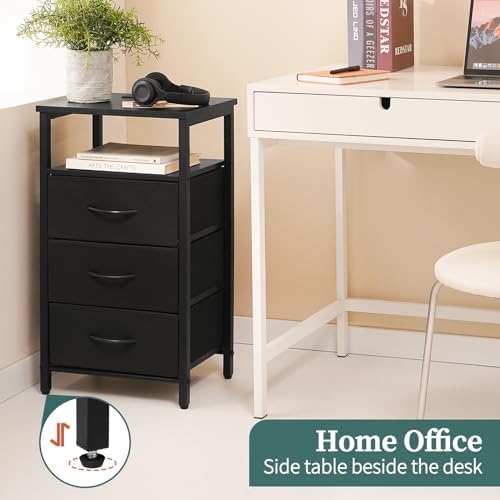 Yoobure Night Stand with Charging Station, Black Nightstand with 3 Fabric Drawers and Storage Shelf, LED End Table with USB Ports and Outlets, Bedside Table for Small Space, Small Dresser for Bedroom - Image 7