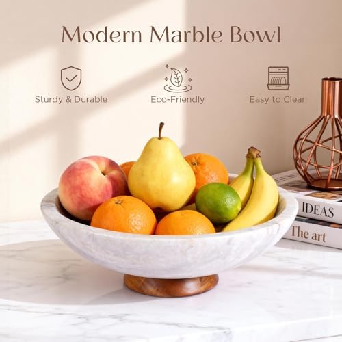 SAMAH Gray Marble Fruit Bowl with Acacia Wood Pedestal, Large Decorative Marble Bowl, Natural Stone Fruit Bowl for Kitchen Counter, Entryway, Keys, Dining Table, House Warming Gifts New Home(11Inch) - Image 6