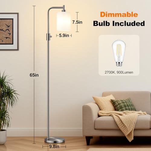 【Upgraded】 Dimmable Floor Lamp for Living Room with Opal Glass Lampshade, Brushed Nickel Modern Floor Lamp with 900LM LED Bulb Included, Standing Tall Lamp for Bedroom, Office, Reading Room, Corner - Image 7
