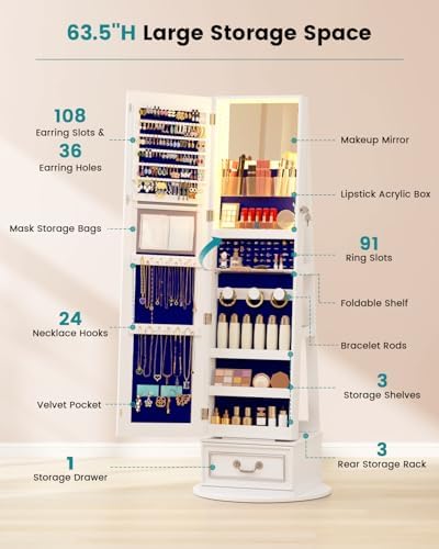 Vlsrka Mirror Jewelry Cabinet Standing with Lights, Lockable, Swivel, White - Image 6