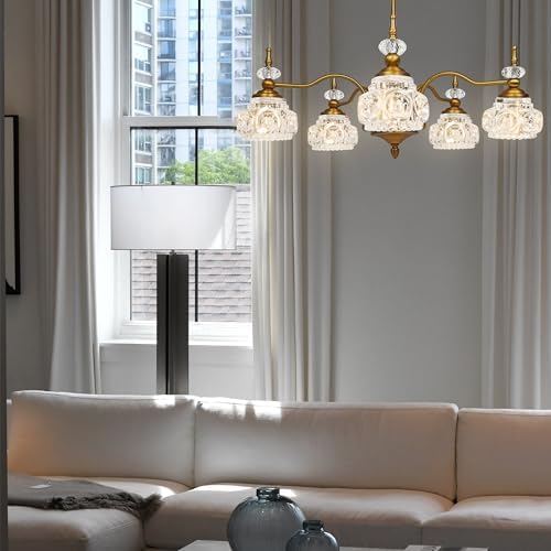 Montex Gold Brass Chandelier, 5 Light Vintage Crystal Glass Pendant Fixture - Image 7
