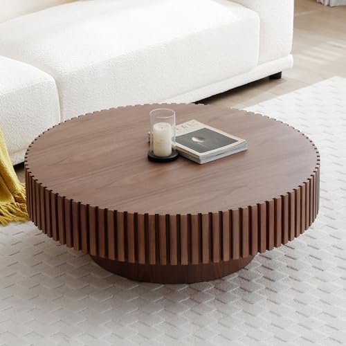 39" Round Drum Coffee Table with Sturdy Pedestal, Mid Century Modern - Image 7