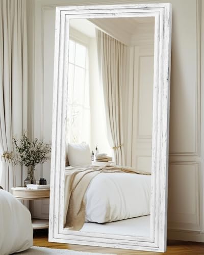 76x34in Full Length Mirror, 3-Tier Stepped Solid Wood Frame, White - Image 6