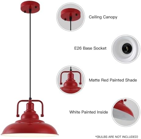 Farmhouse Pendant Light, 2 Packs 12.5inches Red Kitchen Pendant Lights, Island Pendant Lights, Modern Pendant Lights, Pendant Light for Kitchen, Living Room, Bedroom, Hallway - Image 7
