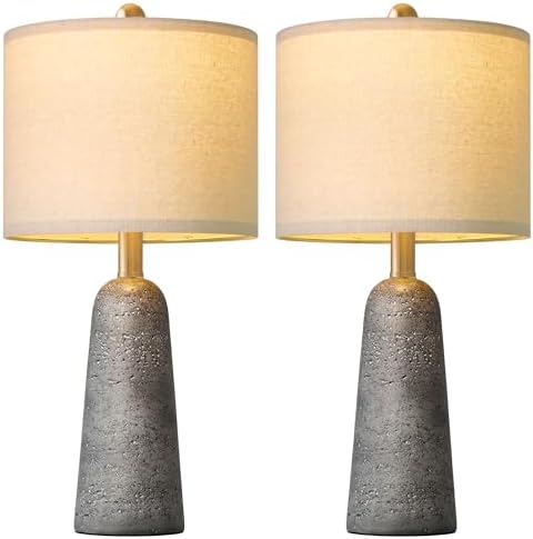 BOBOMOMO 21" Modern Table Lamps Set of 2, Gray Resin Lamp with Stone Look, Small Bedside Lamps for Bedroom, Contemporary Nightstand Lamps with Linen Shades, Small Lamp for Nursery, Entryway - Image 2