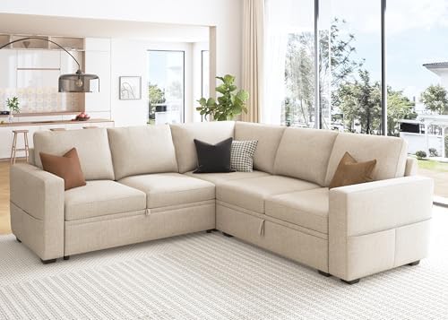 HONBAY Modular Sectional Sleeper Sofa with Pull Out Bed, L Shaped Couch with Storage Seat, Convertible Sectional Couches for Living Room, Beige - Image 6