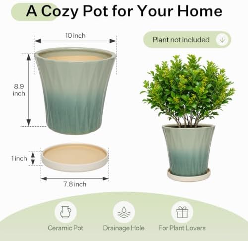 10 Inch Ceramic Planters with Drainage Hole and Saucer,Indoor Outdoor Large Flower Pots, Garden Pot for Plant Lovers (Wave Green) - Image 6