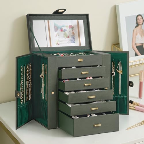 AKOZLIN 6-Tier Jewelry Box Organizer 5 Drawers Storage XLarge Darkgreen - Image 7