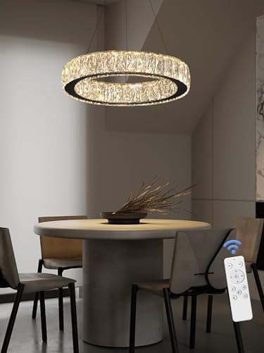 Modern 23.6'' Ring Crystal Chandelier Adjustable LED Ring Pendant Light Dimmable Black Round Crystal Chandelier Light for Dining Room Living Room - Image 7