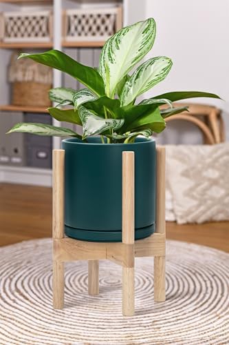 D'vine Dev Ceramic Pot with Natural Wood Stand, Teal, 8 in, 55-B-N-4 - Image 6
