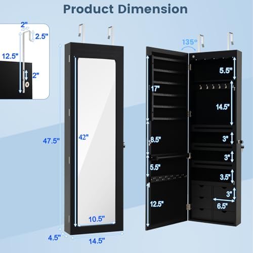 GIANTEX Wall or Door Mounted Jewelry Cabinet with Full Length Mirror, 47.5" - Image 5