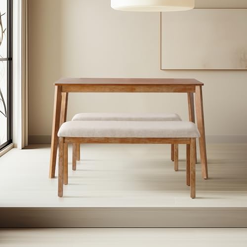 SIMTONAL French Country Dining Bench Wood, Vintage Farmhouse Bench, Fabric Upholstered Dining Chair, 1 Pieces, Light Oak - Image 6