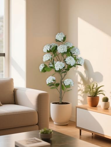 BLOSMON 5ft White Hydrangea Artificial Trees for Front Porch Planters - Image 6