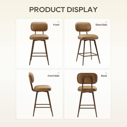 MALOL 26“ Swivel Bar Stools Set of 4, Mid Century PU Leather Counter Height Bar Chairs with Low Back and Metal Legs, Modern Bar Stool Chair for Kitchen Island, Brown - Image 6