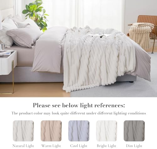 Amélie Home Soft Striped Faux Fur Throw Blanket for Couch, Ivory, 55"x70" - Image 6