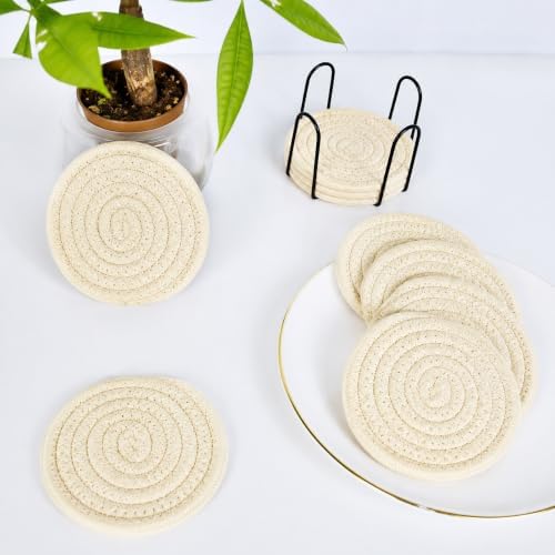 ABenkle 8 Pcs Drink Coasters with Holder, Cotton Woven Absorbent Coasters for Drinks, Minimalist Home Decor Coaster Set for Wooden Tabletop Protection Table, 4.3 inches - Image 7
