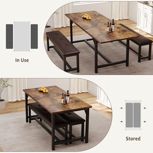 IDEALHOUSE 3 Piece Dining Table Set for 4-6, 63" Extendable Thick Metal Frame Kitchen Table with 2 Upholstered Benches Set for 6, Rectangle Wooden Dinette Table Set for Dining, Apartment, Retro Brown - Image 6