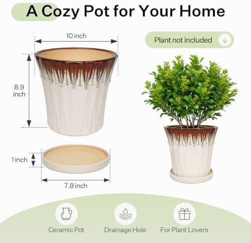 10 Inch Ceramic Planters with Drainage Hole and Saucer,Indoor Outdoor Large Flower Pots, Garden Pot for Plant Lovers (Drip White) - Image 6
