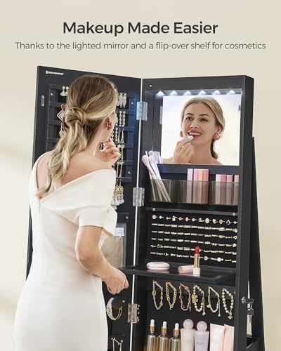 SONGMICS LED Mirror Jewelry Cabinet Standing, Adjustable Lights, Lockable - Image 7