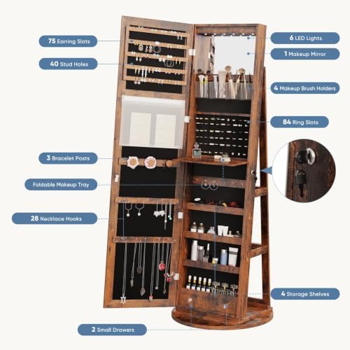 OLIXIS 360° Swivel Jewelry Cabinet with Light, Lockable Full Length Mirror - Image 6