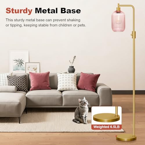 【Upgraded】 Dimmable Floor Lamp for Living Room with Pink Ribbed Glass Lampshade, Gold Modern Floor Lamp with 900LM LED Bulb Included, Arc Standing Tall Lamp for Bedroom, Office, Reading Room, Corner - Image 7
