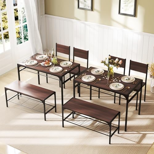 Giantex Dining Table Set for 4, Kitchen Table with Chairs & Bench, Storage Racks, Metal Frame, 4-Piece Space-Saving Dinette Set for Dining Room, Breakfast Nook, Small Space, Apartment, Walnut - Image 7