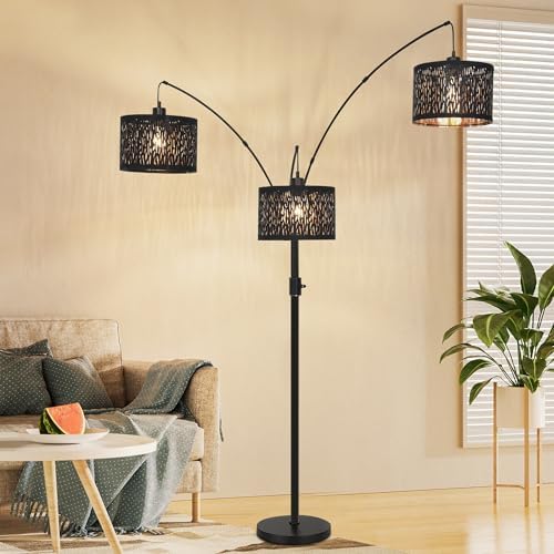 Dimmable Floor Lamp-3 Lights Arc Floor Lamps for Living Room,Modern Tall Standing Lamp With Black Drum Hollow-carved Design Shades,Gothic Mid Century Tree Floor Lamp for Bedroom Corner,Bulbs Included - Image 7