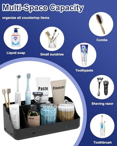 Bathroom Counter Organizer and Storage with 2 Pack Qtip Holder Dispenser, 7 Slots Detachable Toothbrush Holders for Bathrooms, Anti-Slip Electric Toothbrush and Toothpaste Holder Countertop - Image 7
