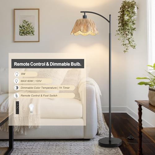 Oneach Arc Floor Lamp for Living Room with 3 Color Temperatures, Rattan Boho Floor Lamp with Hand-Woven Wicker Shade,Farmhouse Floor Lamps with Remote & Dimmable Bulb, Suitable for Bedroom(Black) - Image 7