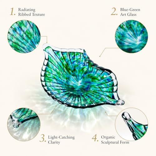 Hand Blown Glass Seashell Fruit Bowl,Gradient Decorative Glass Bowl for Kitchen Countertop,Coastal Seashell Serving Tray for Fruit Snacks,Art Table Centerpiece for Beach House Kitchen Decor (Teal) - Image 7