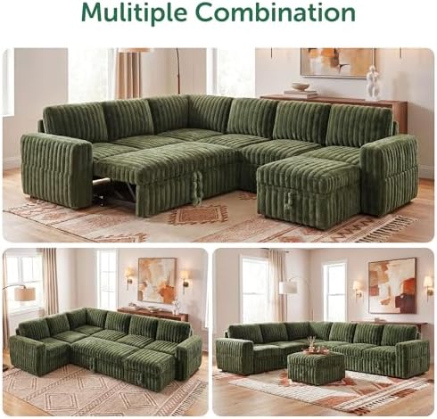 HONBAY Plush Corduroy Modular Sectional Sofa with Pull Out Bed, Convertible U Shaped Couch with Storage,Sleeper Sectional Couches for Living Room,Plush Green - Image 6