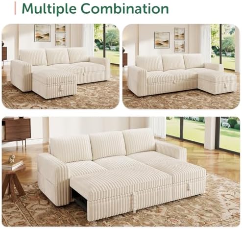 HONBAY Modular Sectional Sofa with Pull Out Bed,Corduroy L Shaped Sleeper Sofa with Storage, Sectional Couches for Living Room,Beige - Image 6