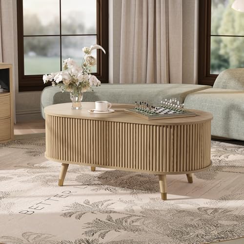 JOINICE Oval Lift Top Coffee Table with Storage for Living Room,43",Oak - Image 6