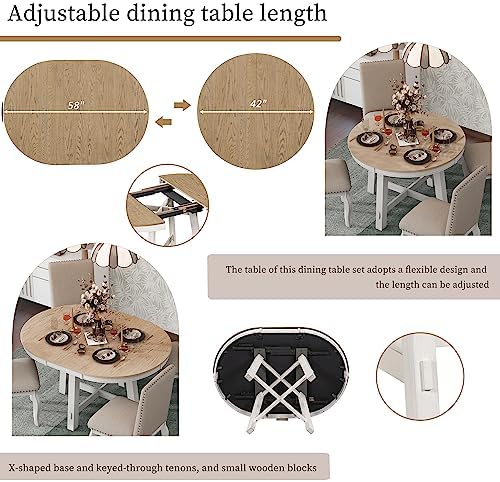 Harper & Bright Designs Kitchen Dining Table Set for 4, 5 Pcs Wooden Round Extendable Dining Table and 4 Upholstered Dining Chairs, Oak Natural Wood - Image 6