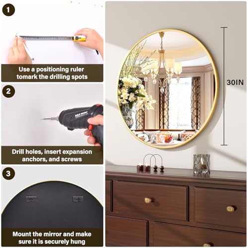 XRAMFY 30 Inch Round Mirror-Gold Circle Mirrors for Bathroom, Entryway - Image 7