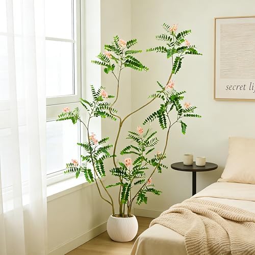 Artificial Locust Tree:6FT Faux Black Locust Floor Plant with Pink Flowers Small Round Silk Leaves & Elegant Branches in Beige Ribbed Planter for Indoor Home Office Decor Hotel Patio Studio - Image 6