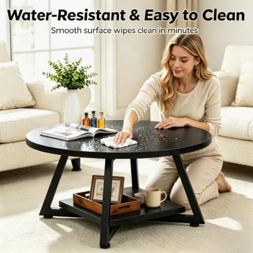 Coffee Tables for Living Room, 27.6" Round Coffee Table, Black Coffee Table - Image 7