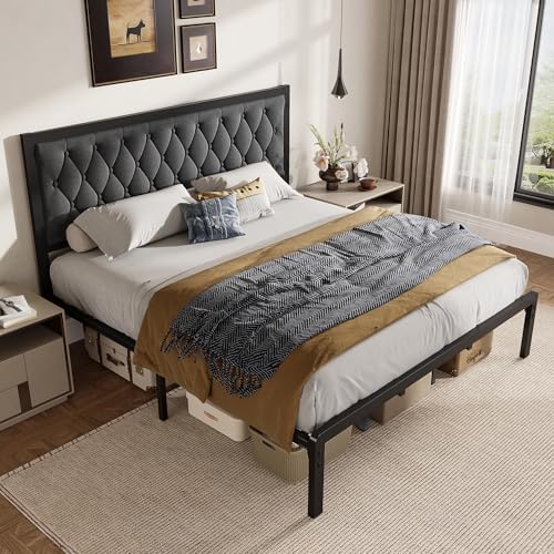 Fluest King Bed Frame with Headboard Linen Upholstered Bed Frame Platform,All Metal Slats Support Platform Bed Frame with Storage Space,Easy Assembly,Noise Free,No Box Spring Needed,Grey - Image 6