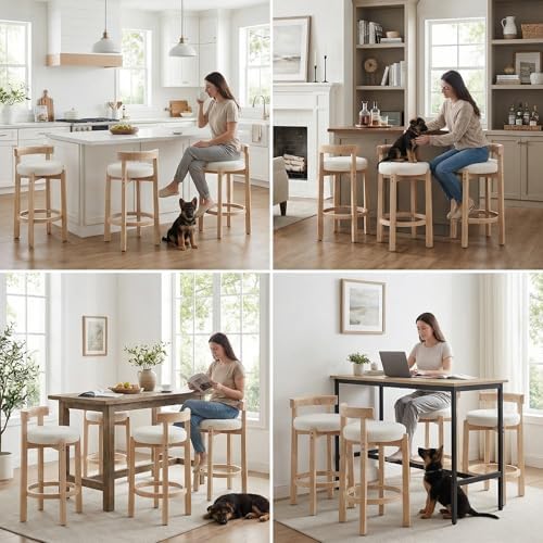 LukeAlon Sherpa Counter Stools Set of 4, Mid Century Upholstered 26.5" Seat Height Low Barstools with Natural Wood Legs Round Low Back Kitchen Stools with Footrest for Dining Room, White - Image 6