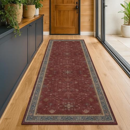 Dark Red 2'6''x10' Wide Hallway Runner Rug - 10ft Long Washable Non Slip Indoor Door Mats for Entryway, Low Pile & Soft Boho Geometric Floral Pattern Burgundy Area Rug - Image 6