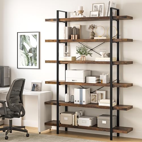 2PCS Heavy Duty 6 Tier Industrial Bookcase for Home Office, Rustic Brown - Image 6